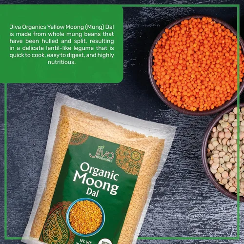Miniatura 4 de Jiva Moong Dal amarillo orgánico, 2 libras, sin OMG, sin gluten, ideal para Kitchari, frijoles mungos amarillos partidos