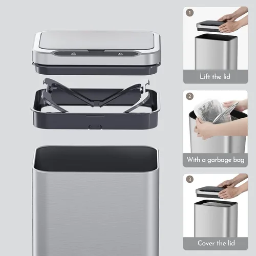 Miniatura 7 de ELPHECO Basurero de acero inoxidable para oficina, con sensor de movimiento, sin contacto, cubo de basura inteligente automático para cocina, Crema