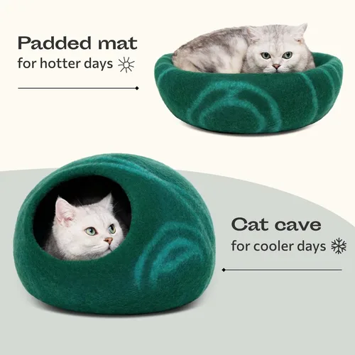 Miniatura 4 de MEOWFIA Cat Cave - Cama de fieltro prémium para gatos de interior, hecha a mano, 100% lana merina, gato (grande, esmeralda)