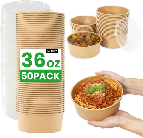 Miniatura 10 de 100 cuencos de papel desechables de 25 onzas (sin tapas), cuencos de sopa desechables, aptos para microondas, para sopa caliente, pasta, sándwiches