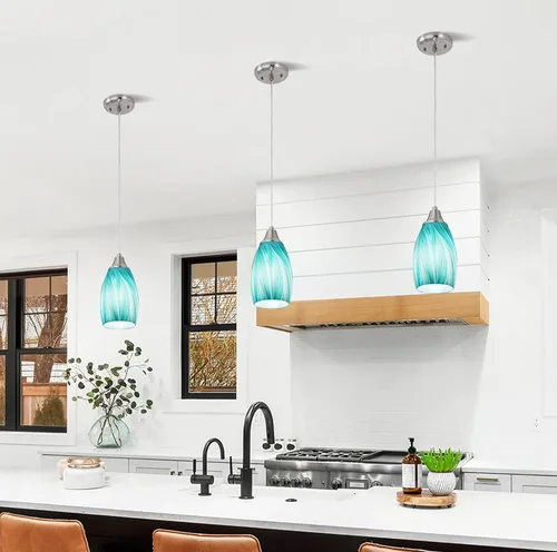 Miniatura 16 de karyfine Mini lámparas colgantes de vidrio artístico para isla de cocina, hechas a mano en color teja con vidrio dorado, iluminación colgante