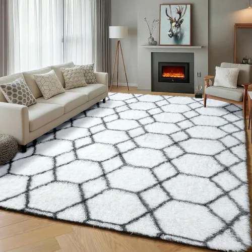 Miniatura 43 de ONASAR Alfombras de área para sala de estar y dormitorio, alfombra esponjosa lavable de 5x8 pies gris y blanca, alfombra de piso suave, afelpada