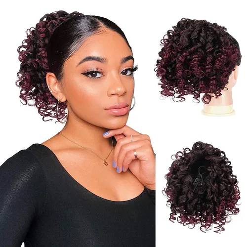 Miniatura 21 de PEACOCO Extensión de cola de caballo rizada con cordón para mujeres negras - Cola de caballo de 6 pulgadas con clip, postizo sintético de afro corto