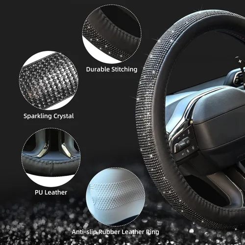 Miniatura 5 de Nueva Funda para Volante de Cuero con Diamantes con Cristales de Strass Brillantes, Ajuste Universal de 15 Pulgadas, Protector de Volante de Negro