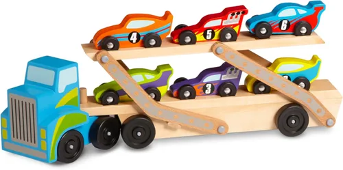 Melissa & Doug Mega Race-Car Carrier - Tractor y remolque de madera con 6 coches de carrera únicos