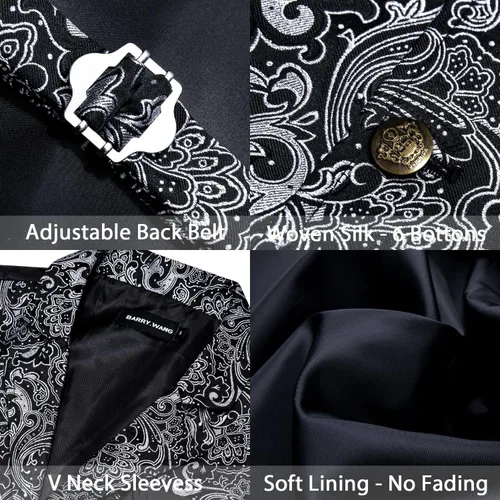 Miniatura 5 de Barry.Wang Chaleco victoriano de seda para hombre, conjunto de corbata con cuello a medida, chaleco gótico steampunk de cachemira, formal, fiesta