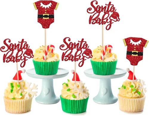 Miniatura 11 de 24 piezas de adornos para cupcakes de Navidad dorados verdes y rojos con purpurina, Papá Noel, árbol de Navidad, adornos para cupcakes para el tema
