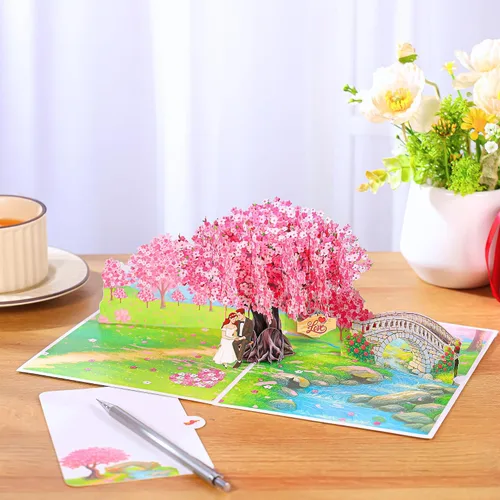 Miniatura 6 de Tarjetas de aniversario desplegables, flores de cerezo en 3D y pareja enamorada, San Valentín, tarjetas de boda para esposa, marido, ella, él