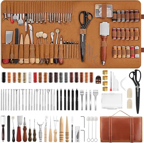 SakerNeo Herramientas de trabajo de cuero, 101 piezas de acero inoxidable y mango de madera, kit de costura con cinceles de costura de 0.157 in