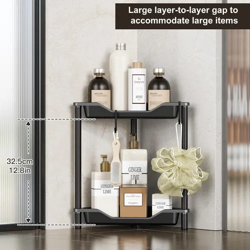 Miniatura 2 de Orimade Organizador de ducha esquinero de 2 niveles resistente a la oxidación, estante de esquina de piso de metal y plástico para baño, negro