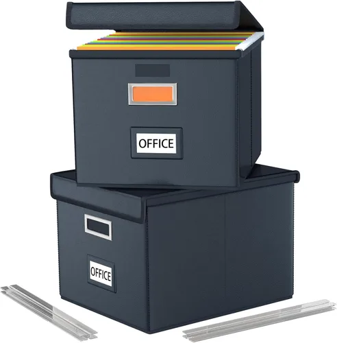 Miniatura 45 de Caja Organizadora de Archivos con Tapa, Caja Organizadora Plegable de Cuero Sintético para Carpetas Colgantes con Rieles de Plástico, Cajas (cuero)