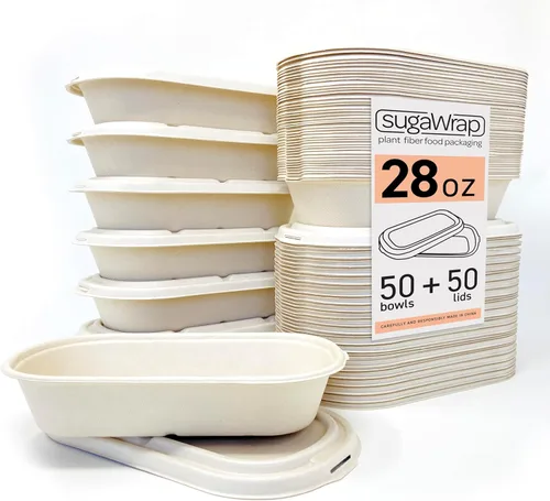 Recipientes desechables ovalados de 28 onzas con tapas, bambú biodegradable ecológico y caña de azúcar, resistentes y resistentes a fugas, aptos