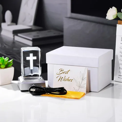 Miniatura 3 de YWHL Figura de Cruz de Cristal 3D con Base de Luz Colorida, Grabada Láser, Regalos Religiosos Bíblicos para Mujeres y Hombres, Decoración Cristiana