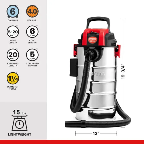 Miniatura 4 de Shop-Vac Aspiradora húmeda y seca de 6 galones, 4.0 de pico de HP, compacta para montaje en pared, con manguera extra larga de hasta 20 pies
