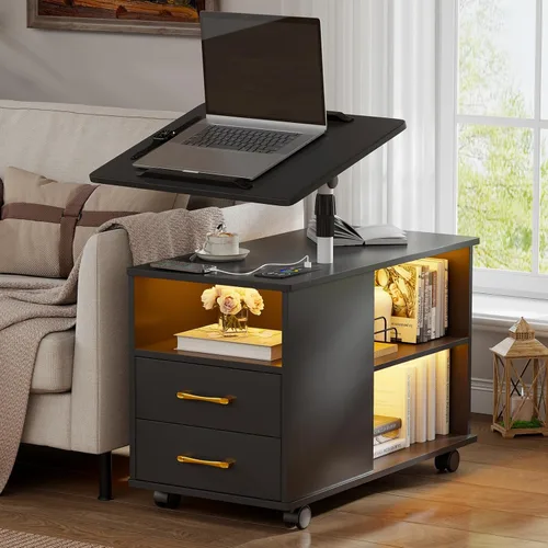 Miniatura 4 de WOOVIVS - Mesita de noche con estación de carga, mesa auxiliar con luces LED, mesa auxiliar inteligente con mesa giratoria ajustable/cajón