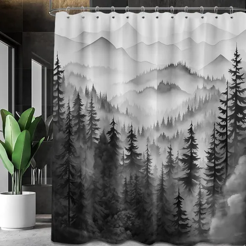 Miniatura 20 de Cortina de ducha azul marino de bosque Cortina de ducha azul oscuro de montaña y naturaleza para decoración de baño de hombres, tela impermeable