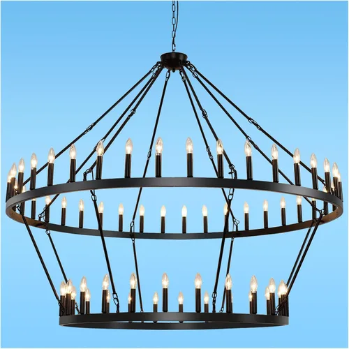 Miniatura 17 de Candelabro de dos niveles en negro, rueda de vagón grande, 54 luces, lámpara colgante de granja redonda de 152 cm, iluminación rústica para comedor