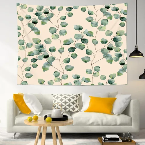 Miniatura 14 de HVEST Tapiz de hojas de eucalipto para colgar en la pared, hojas de eucalipto verdes sobre fondo beige, tapiz para colgar en la pared, tapiz
