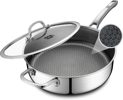SNOWCLAD Sartenes antiadherentes con tapa, sartén salteadora híbrida antiadherente de 5 cuartos, utensilios de cocina sin PFOA, sartén de acero