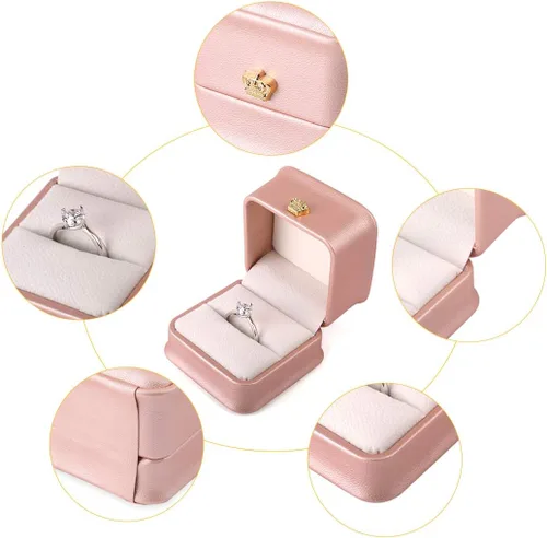 Miniatura 4 de iSuperb Juego de 2 cajas de anillo rosa para propuesta, caja de regalo de compromiso para parejas, caja de regalo de piel sintética, aretes