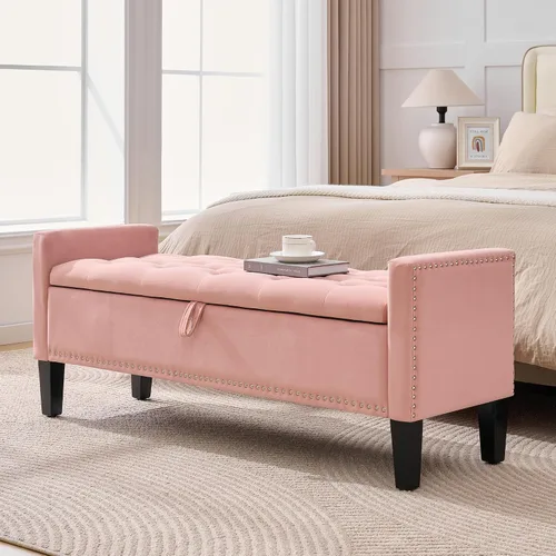 Miniatura 11 de Banco otomano de almacenamiento, reposapiés tapizado de terciopelo para dormitorio y sala de estar, asiento copetudo con almacenamiento, patas