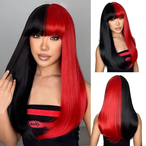 Miniatura 12 de Pelucas castañas para mujer, peluca larga y recta con flequillo, color marrón rojizo, cosplay, resistente al calor, peluca sintética de cobre rojo