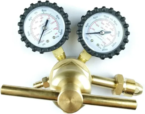 Regulador de nitrógeno, cuerpo de latón, etapa única, 0-1400PSI, entrada CGA-580, 7/16"-20 salida, transparente y dorado