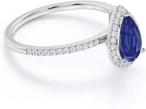 Miniatura 3 de PB Collection Anillo de compromiso de zafiro azul en forma de pera de plata de ley 925, chapado en oro blanco de 14 quilates