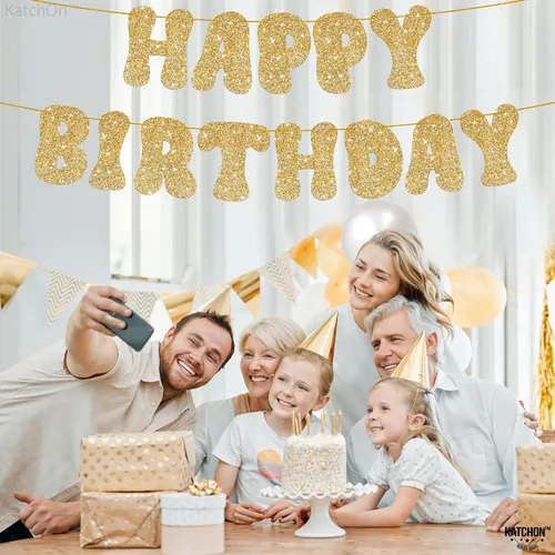 Miniatura 8 de KatchOn, Cartel de feliz cumpleaños dorado con purpurina – Pre-encordado, 10 pies Cartel dorado de feliz cumpleaños para niñas y niños Cartel
