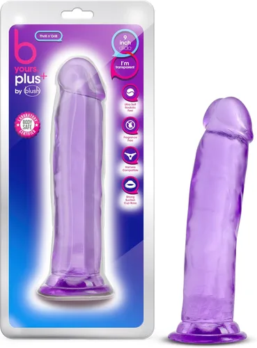 Blush B Yours Plus Thrill N' Drill - Consolador realista de 9 pulgadas, hecho a mano, suave, transparente, morado, compatible con arnés de ventosa,