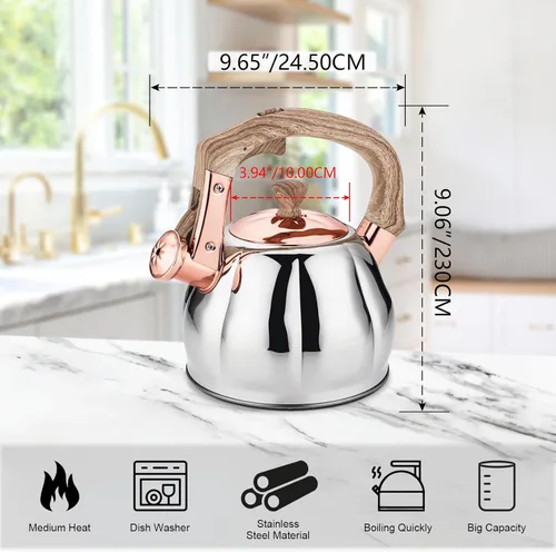 Miniatura 5 de Hervidor de té de acero inoxidable para estufa con mango ergonómico a prueba de calor y silbato de 2.5 cuartos