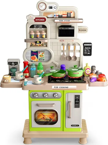 Juego de cocina, juego de cocina para niños con sonido y luz realista, estufa de cocina, fregadero, comida de juego y accesorios, 57 piezas de Verde