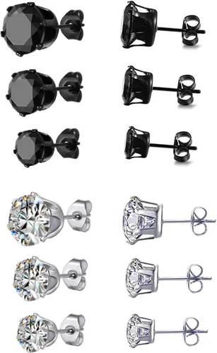 Juego de 6 pares de aretes tipo dormilona de titanio y acero inoxidable para hombre y mujer, color negro y transparente, con incrustaciones de