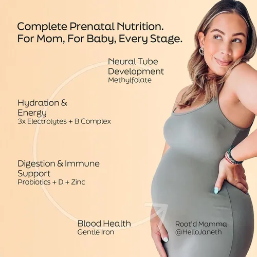 Miniatura 2 de Root'd Polvo multivitamínico prenatal - 25 vitaminas y minerales con 3 electrolitos, folato, hierro, D3 para mamá y bebé, 7 superalimentos