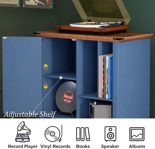 Miniatura 3 de Maupvit Soporte grande para tocadiscos, armario de almacenamiento de discos de vinilo azul marino de 47 pulgadas con puertas de granero, soporte