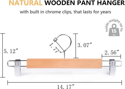 Miniatura 2 de Amber Home Paquete de 24 perchas de madera natural maciza de 14.17 pulgadas, perchas inferiores para pantalones pantalones jeans con 2 clips