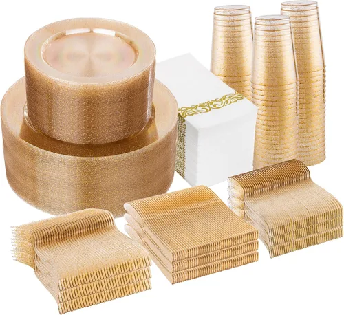 Miniatura 11 de Juego de vajilla dorada de 700 piezas, juego de vajilla desechable transparente para 100 invitados para fiestas, bodas, incluye: 200 platos Dorado