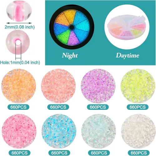 Miniatura 2 de Beadthoven - 5280 cuentas de semillas de vidrio luminosas de 0.079 pulgadas (0.079 in), surtido que brillan en la oscuridad, 11/0, redondas