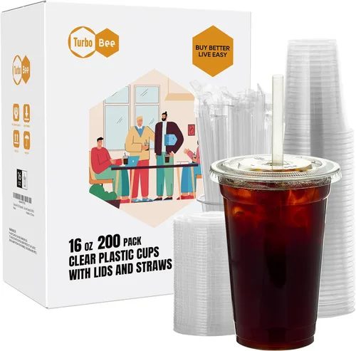 Turbo Bee 200 juegos de vasos de plástico transparente de 16 onzas con tapas y pajitas, tazas de café helado desechables para llevar con tapas para