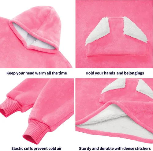 Miniatura 3 de Touchat Manta Ponible con Capucha, Sudadera de Manta Sherpa Oversized con Capucha, Bolsillo y Mangas, Manta con Capucha de Felpa Súper Suave y Rosa