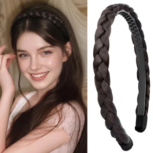 Miniatura 31 de Ancho de 1.5 cm Banda de pelo sintético trenzada estrecha con dientes para mujeres y niñas (Negro)