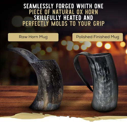 Miniatura 3 de Taza de cuerno vikingo – Jarra grande hecha a mano con cuerno de buey para aguamiel y cerveza, regalo medieval seguro para alimentos (tamaño grande)