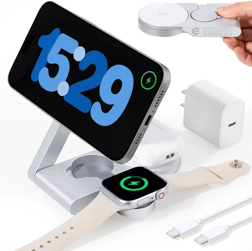 Estación de carga inalámbrica 3 en 1 2026, estación de carga rápida Mag-Safe para cargador MagSafe de Apple, con cargador USB C, soporte de cargador