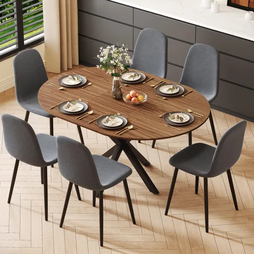 Miniatura 15 de Juego de mesa de comedor redonda para 4, juego de mesa de comedor extensible de 43-59 pulgadas, mesa de grano de madera de nogal y 4 sillas