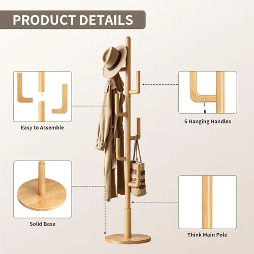 Miniatura 6 de Perchero independiente de madera maciza de cactus con 6 ganchos en forma de L y 3 tamaños ajustables, perchero para dormitorio, entrada, sala