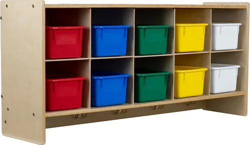 Miniatura 4 de Armario de almacenamiento de pared de 10 secciones, estantería con bandejas y ganchos surtidos para guardería, hogar, playschool Montessori muebles