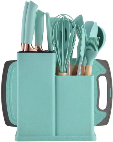 Miniatura 10 de Juego de utensilios de cocina y cuchillos con bloque, juego de cocina todo en uno de 19 piezas, 12 utensilios de silicona antiadherentes + 5 Negro