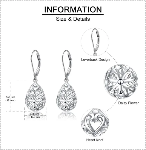 Miniatura 17 de Aretes colgantes de filigrana de plata de ley 925, margarita, loto, flor de rosa, piedra lunar, lágrima para mujer, nudo celta infinito, margarita