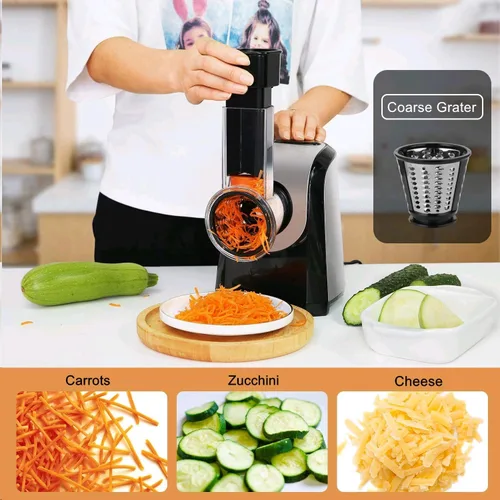 Miniatura 3 de Rallador Eléctrico de Queso 150W Fabricador de Ensalada 5 Diferentes Formas de Cuchillas para Cortar/Triturar/Molienda, Rebanador Eléctrico Compacto