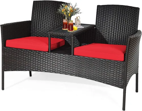 Miniatura 11 de HAPPYGRILL Sofá biplaza de mimbre de ratán con mesa de café, sofá de conversación al aire libre con cojines para jardín, césped, patio trasero